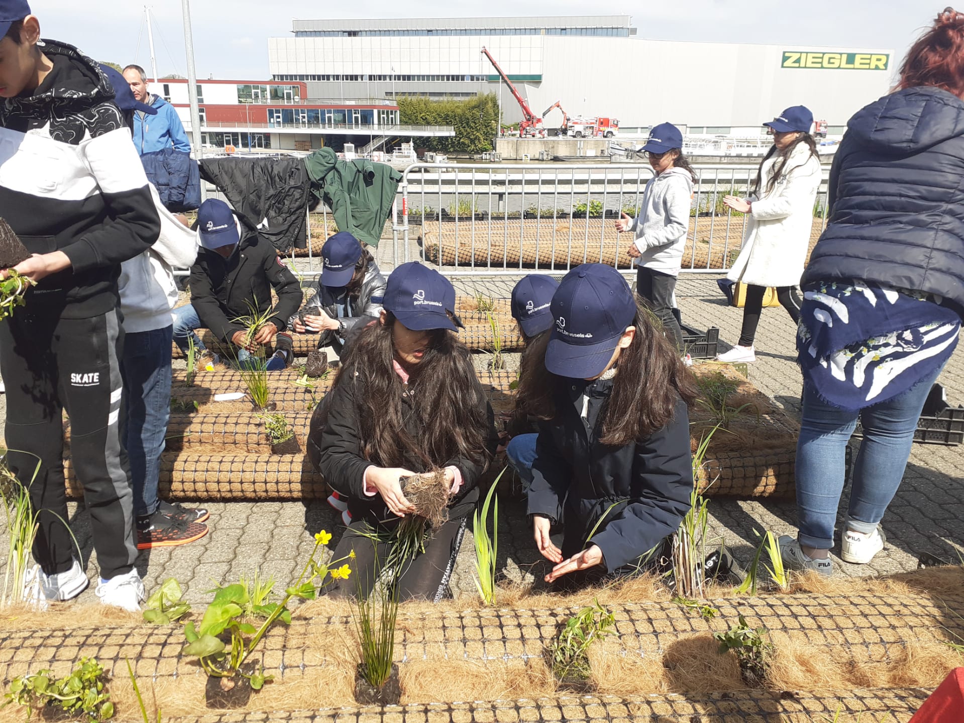 Un groupe de jeunes prépare des plantations sur un radeau végétalisé. 