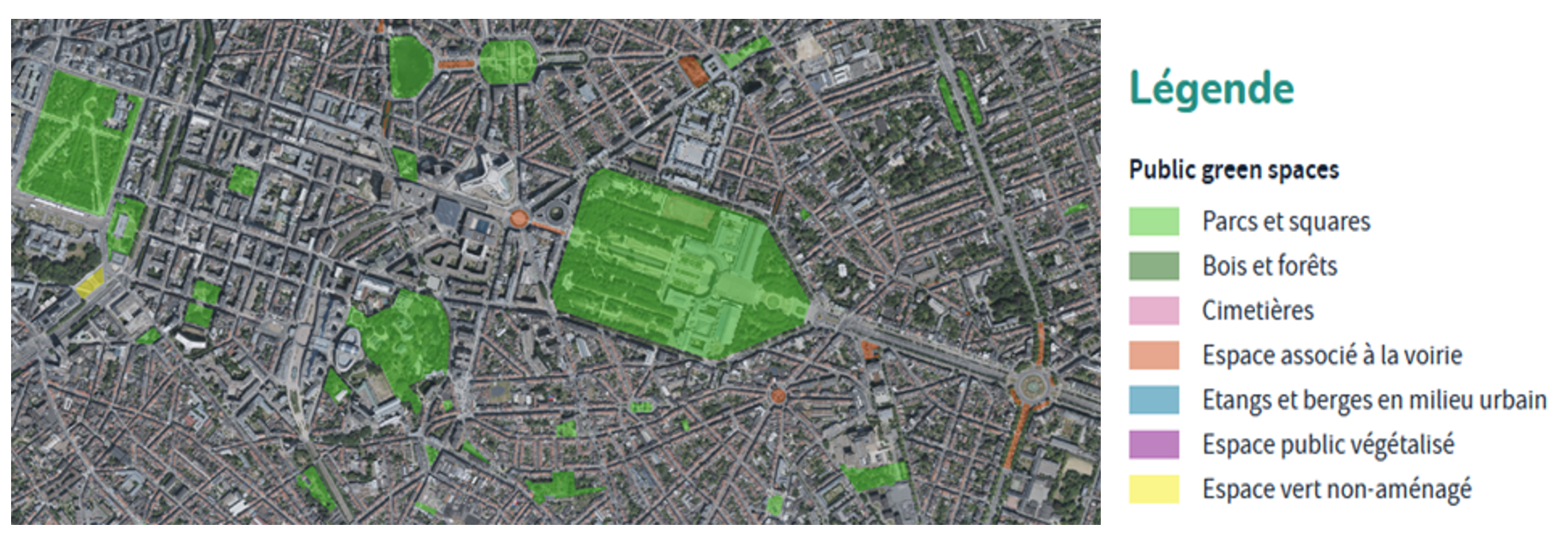 Extrait de la carte des espaces verts publics sur fond de photographie aérienne (janvier 2024)