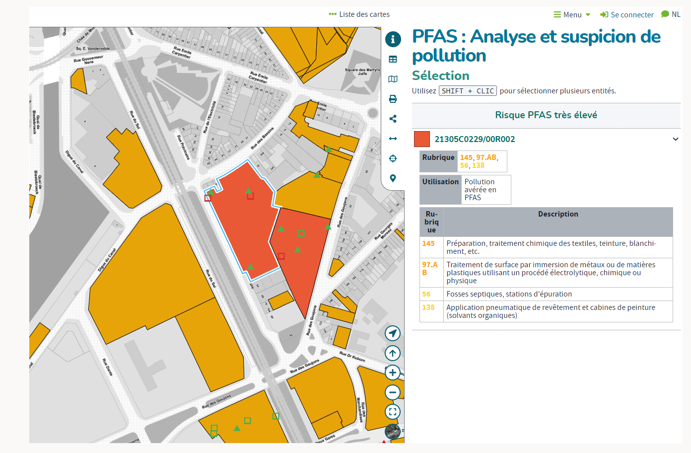 Un screenshot de la carte PFAS à Bruxelles.
