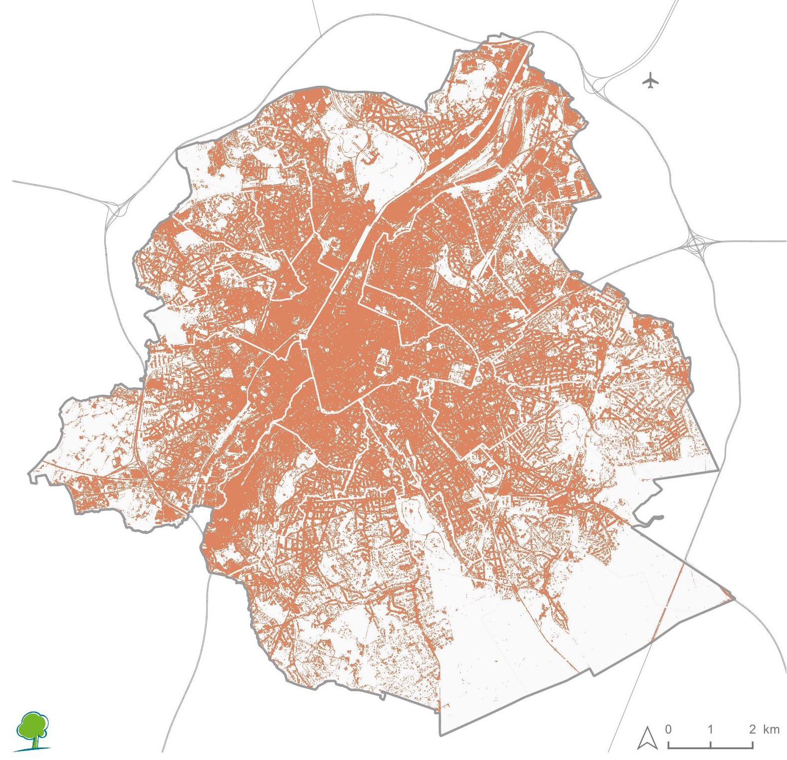 Une carte de la Région de Bruxelles-Capitale montrant les surfaces imperméables en orange.
