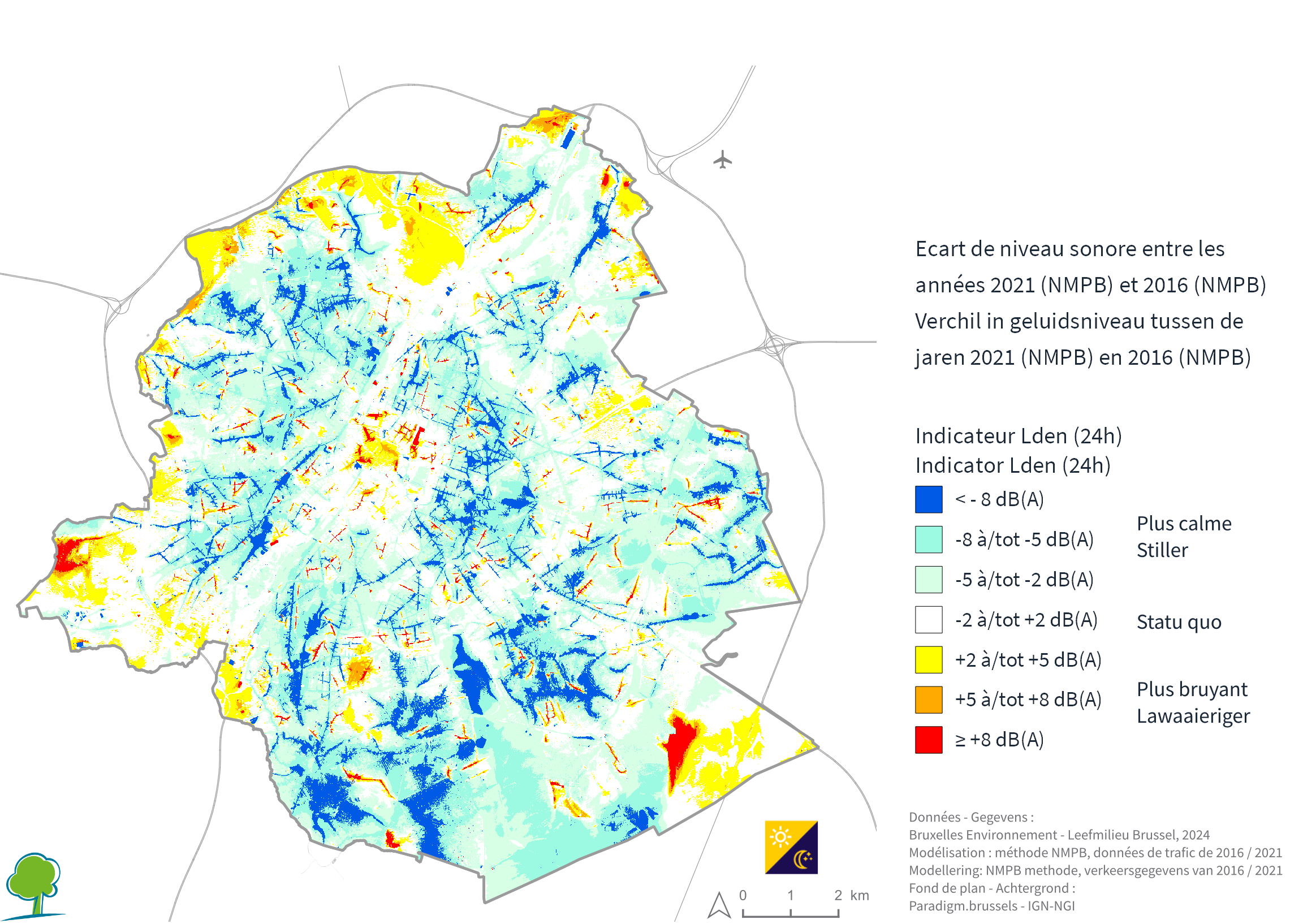 Carte différentielle du bruit du trafic routier en 2021 par rapport à 2016