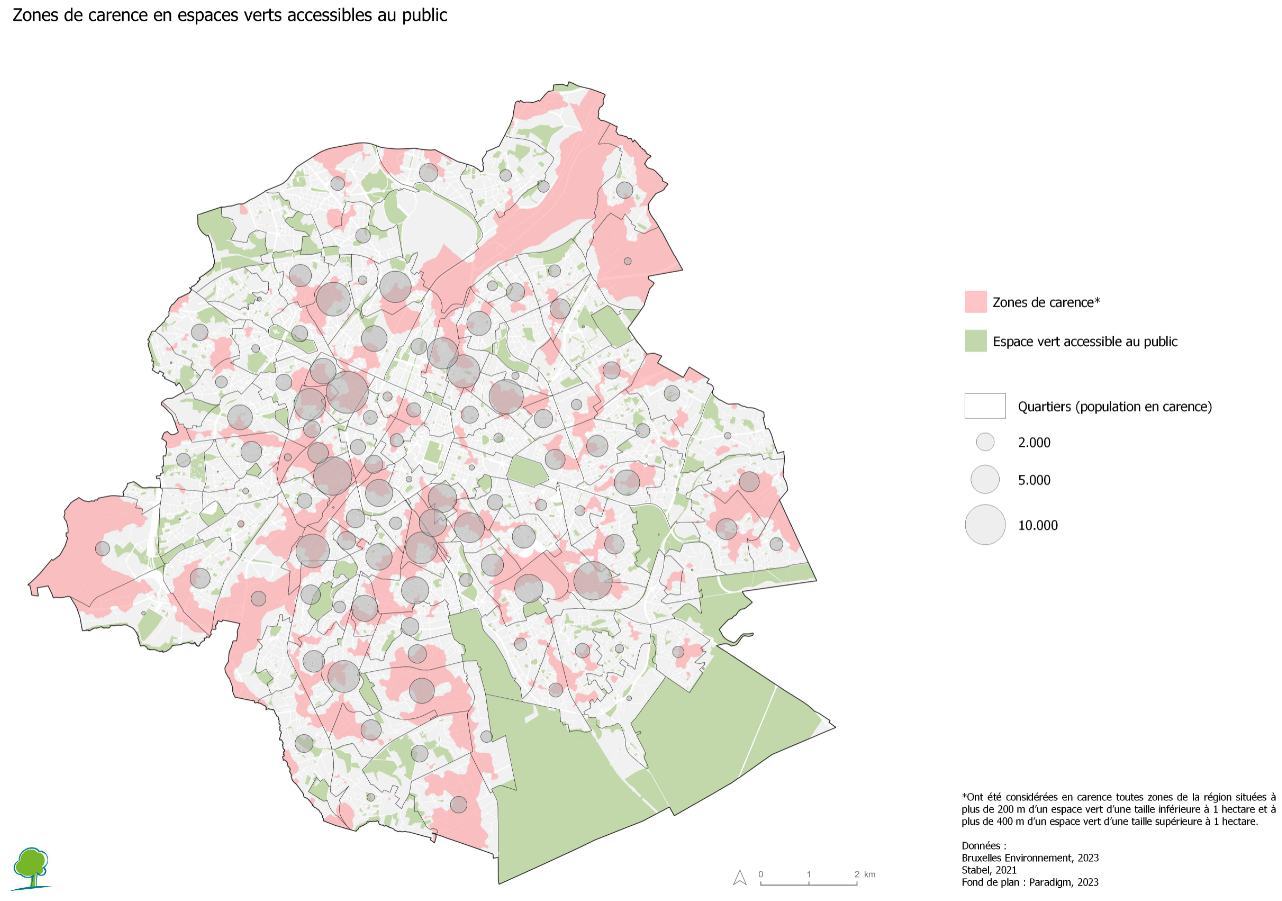 Graphique : Les Bruxellois vivant dans des zones carencées en espaces verts habitent majoritairement dans les quartiers les plus centraux