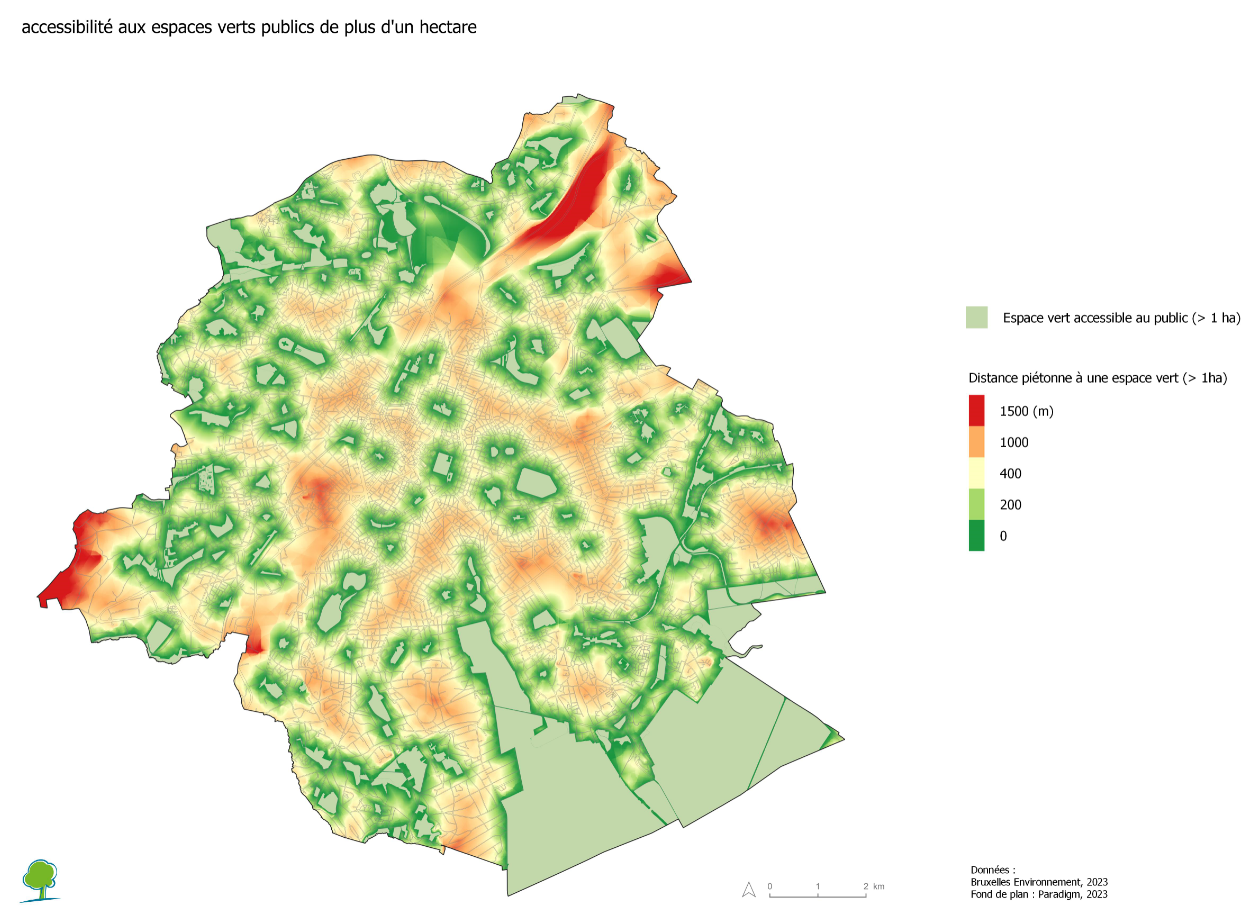 Une part importante du territoire se trouve à plus de 400 mètres d’un espace vert accessible de plus de 1 ha (distance piétonne) 