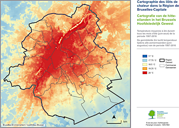 Ilot de chaleur à Bruxelles : cartographie des températures moyennes à 2 m durant les mois d'été (juin – août) de la période 1987-2016 Source : VITO (2018)