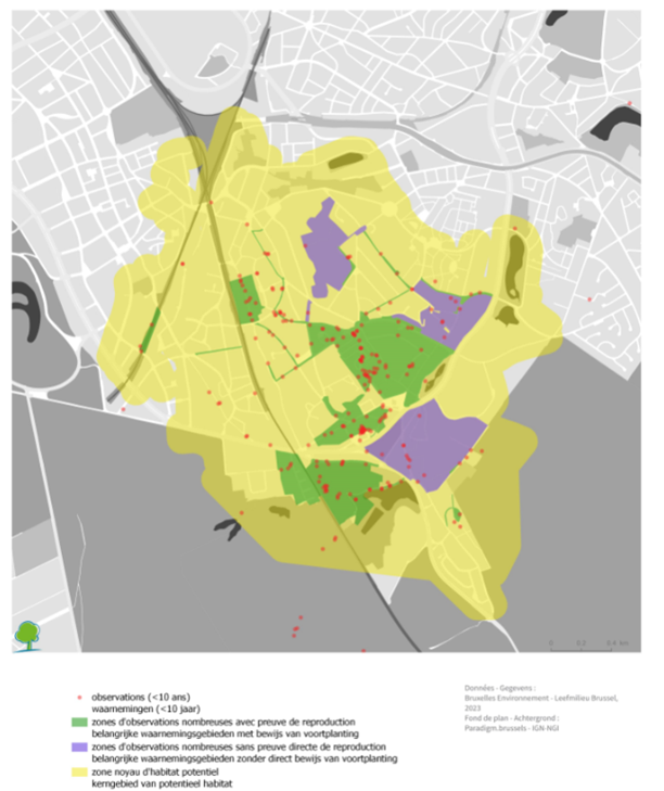 Carte d’habitat des lucanes cerf-volant à Watermael-Boitsfort et quartiers proches (2013-2023)