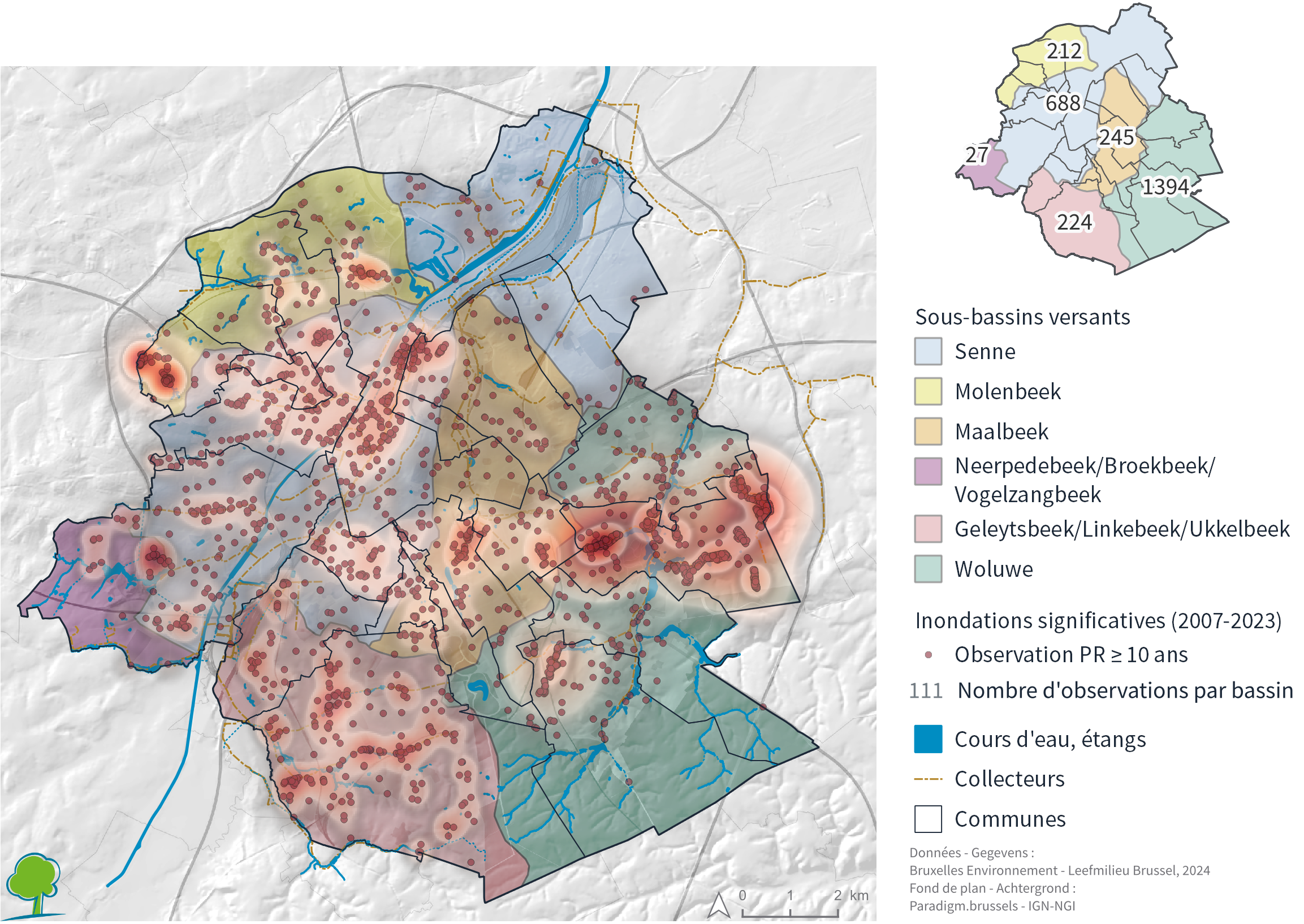 Carte : observations liées aux inondations significatives ayant eu lieu entre 2007 et 2023