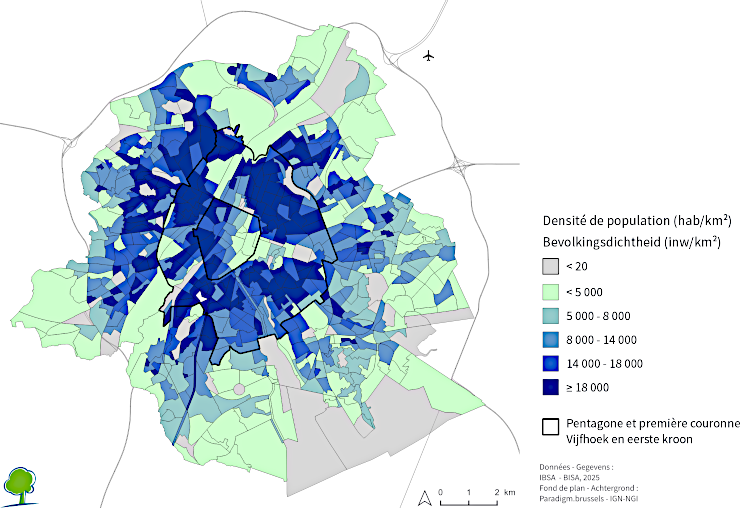 Graphique : La population bruxelloise est concentrée dans les quartiers de première couronne et du nord-ouest