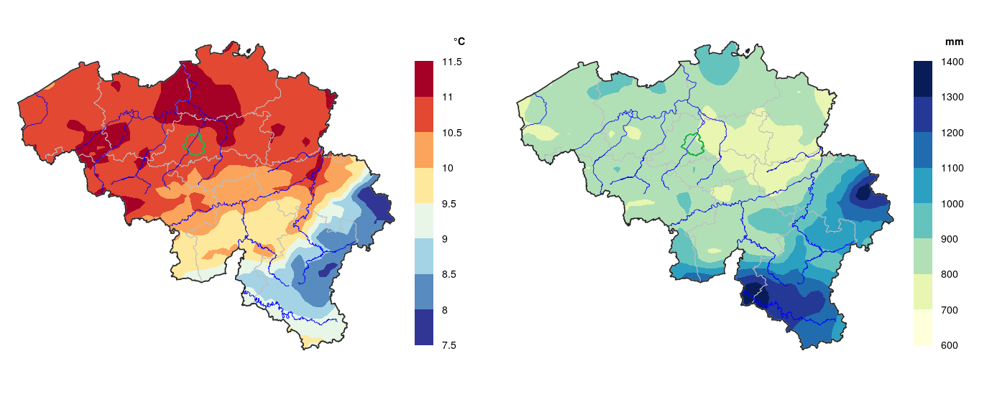 Graphique : Atlas climatique de la Belgique : températures (gauche, en °C) et précipitations (droite, en mm) annuelles moyennes pour la période 1991-2020 