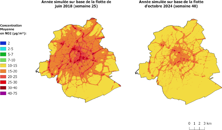 Graphique : Une concentration moyenne en NO2 modélisée en réduction entre 2018 et 2024