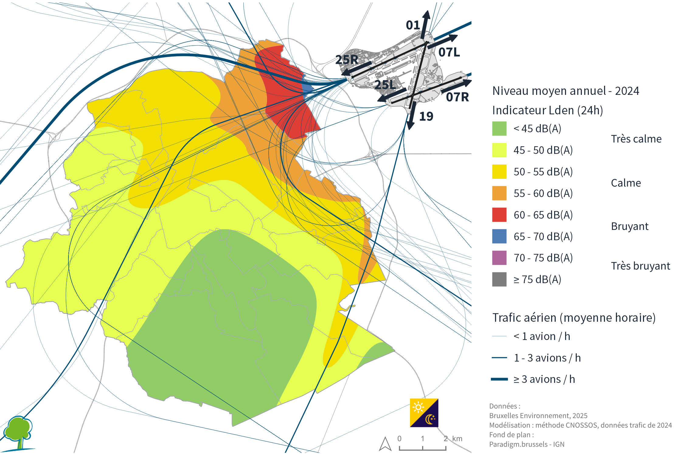 Graphique : Carte stratégique du bruit du trafic aérien en 2024– Indicateur Lden