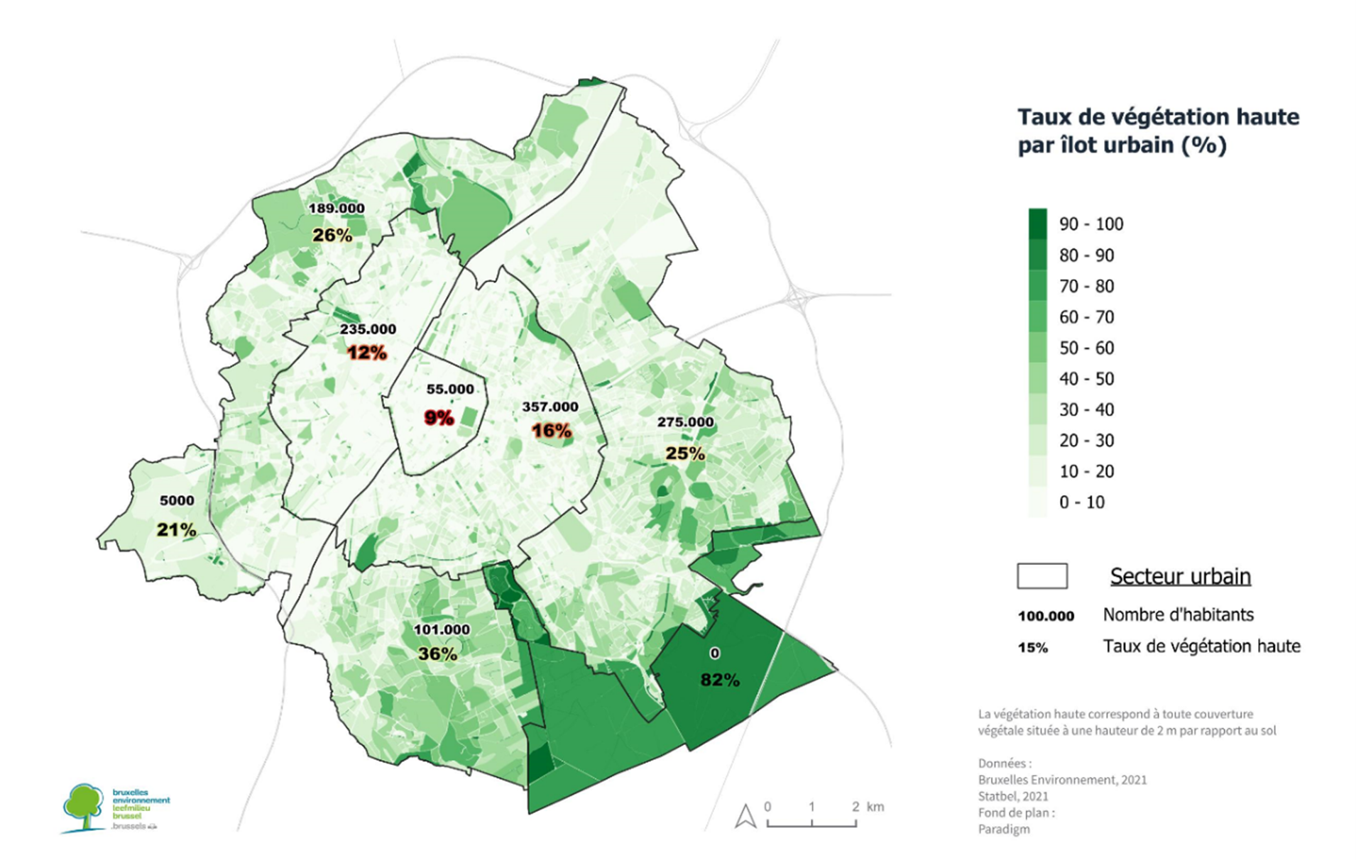 Carte: Le centre-ville et les quartiers jouxtant le canal apparaissent particulièrement pauvres en arbres et arbustes (2021)