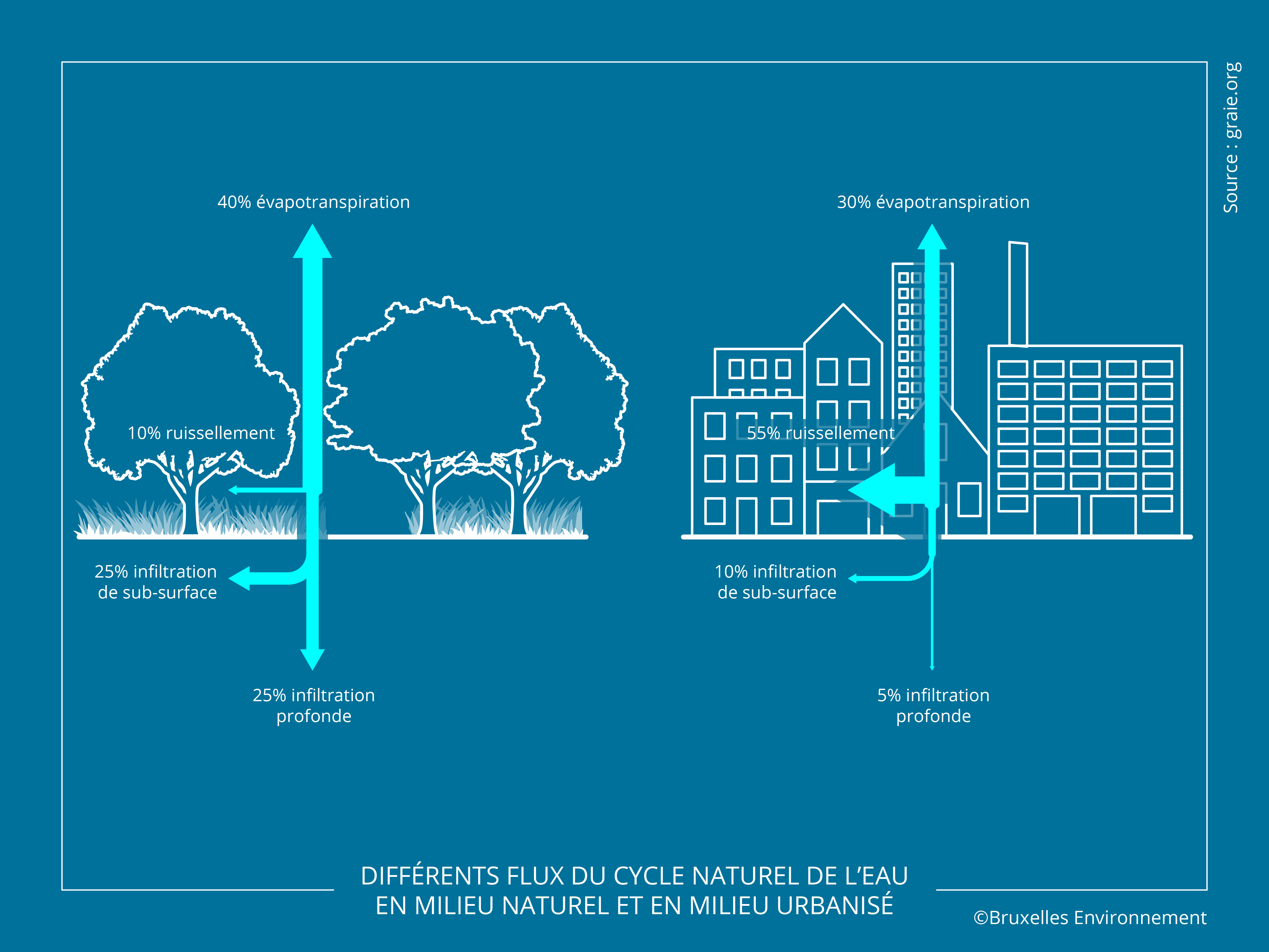 Différents flux du cycle naturel de l'eau en milieu naturel et en milieu urbain