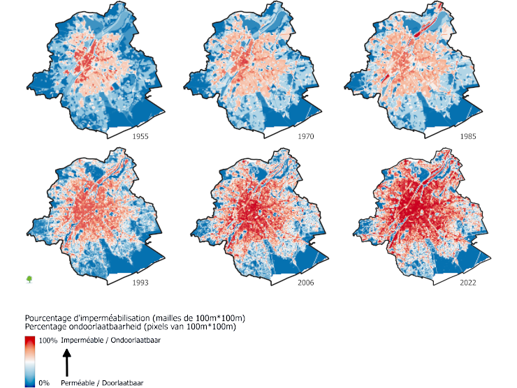 Evolution de l'imperméabilisation en Région bruxelloise de 1995 à 2022