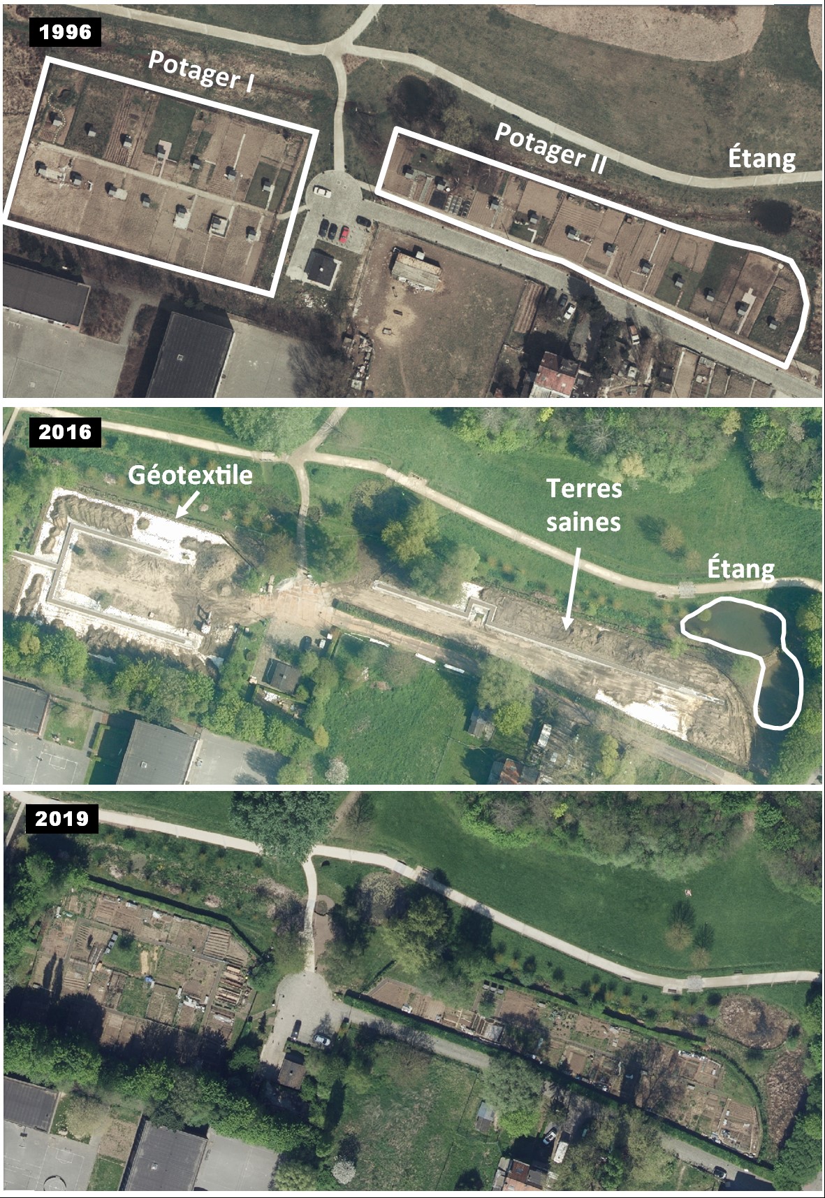 Photos aériennes centrées sur les potagers du Schutbos entre 1996 et 2019