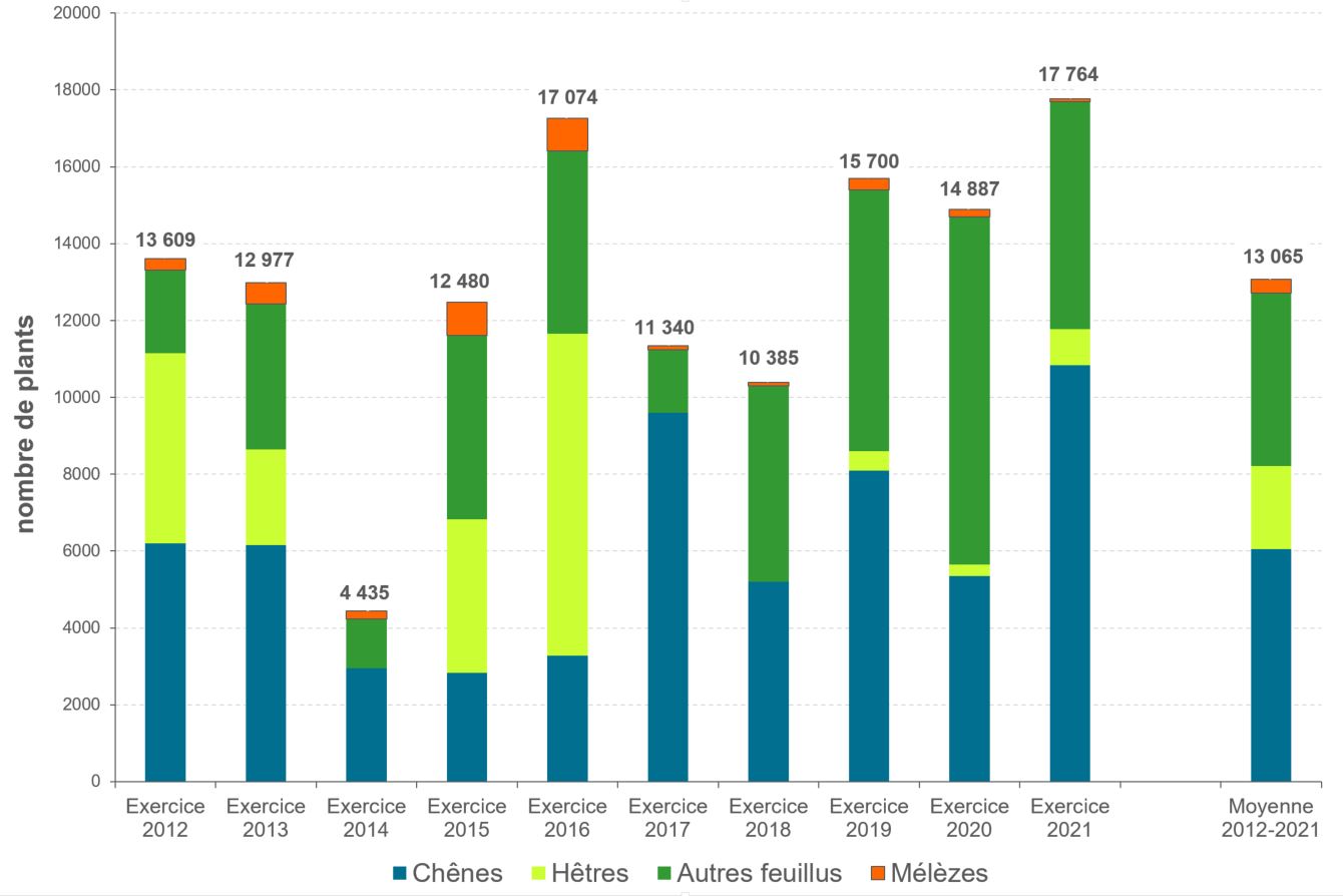 Régénération artificielle : nombre de plants par essence et par exercice (2012-2021)