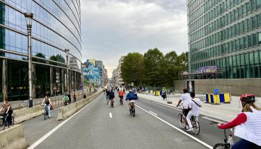 Des cyclistes roulent sur une artère de Bruxelles lors du dimanche sans voiture